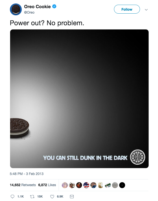 Image of Oreo's "Dunk In The Dark" Super Bowl message. 