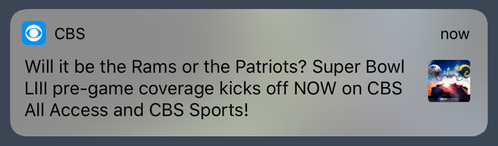 CBS Super Bowl pre-game coverage push notification. 