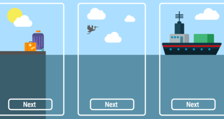icons split into three categories depicting a scenario with luggage left on a dock, a bird in the middle frame flying towards a boat in the third frame