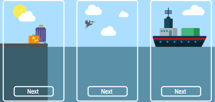 icons split into three categories depicting a scenario with luggage left on a dock, a bird in the middle frame flying towards a boat in the third frame