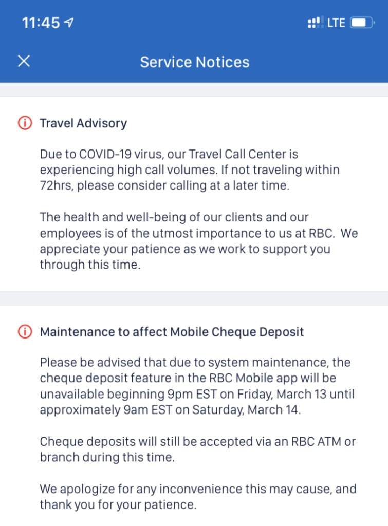 RBC Coronavirus Push Notifications
