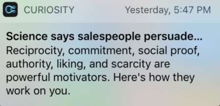 Curiosity sends push notifications that stir up interest and relate it to you