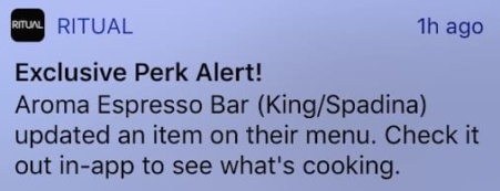 Ritual sends push notifications to alert of new perks to drive awareness of vendors