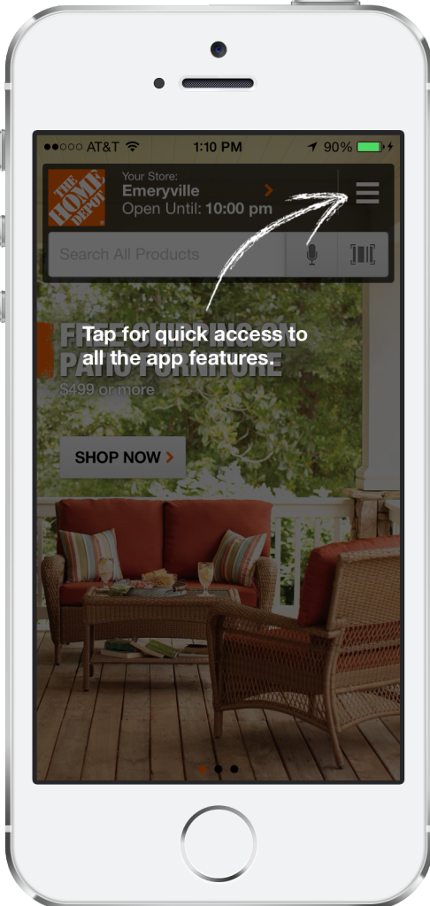 cell phone displaying The Home Depot “quick access” feature on their homepage