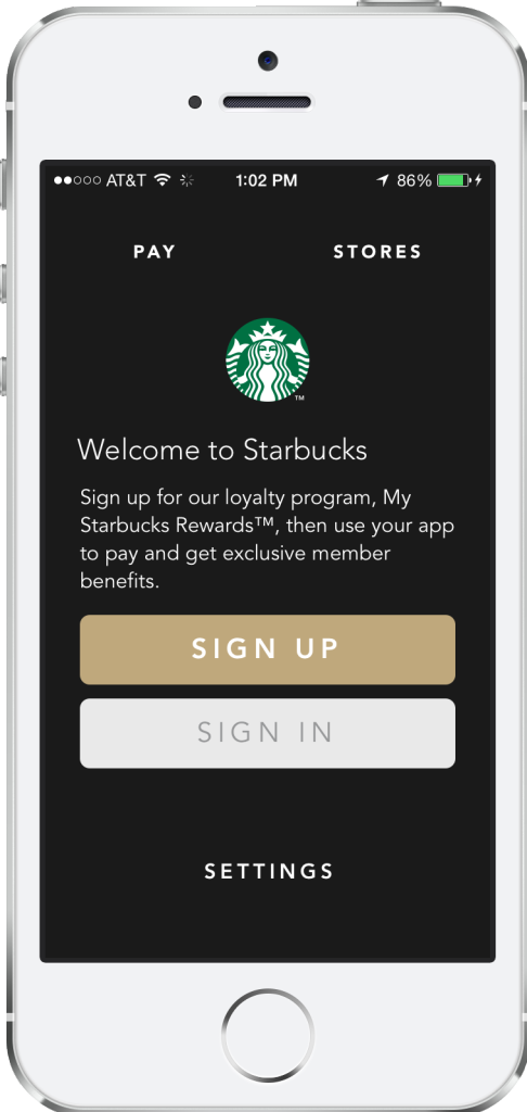 cell phone displaying the Starbucks mobile app