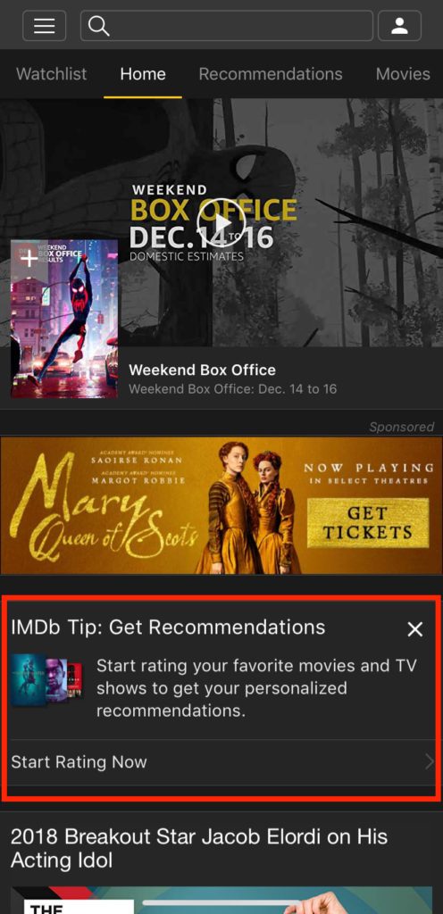 IMDb's personalized content recommendation prompt. 