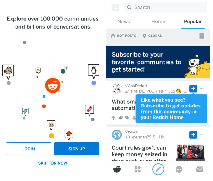 Reddit showcases personalization features in their app to encourage new users create an account. 