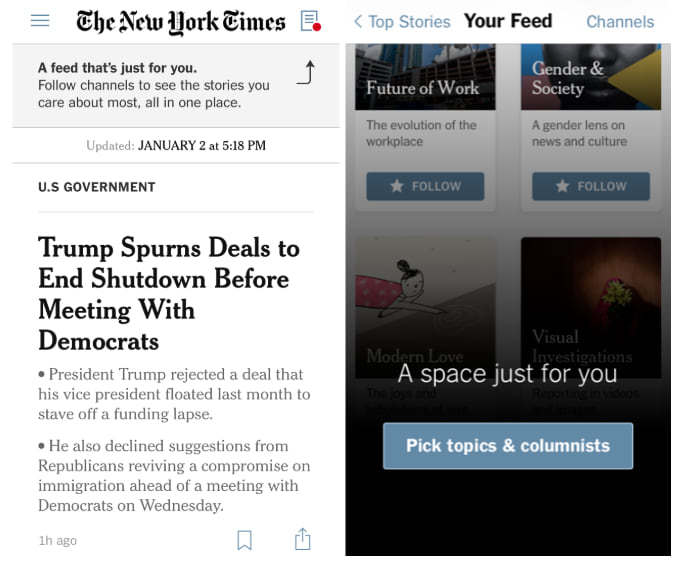 NYT's mobile app Feed and categories make personalization simpler for users. 