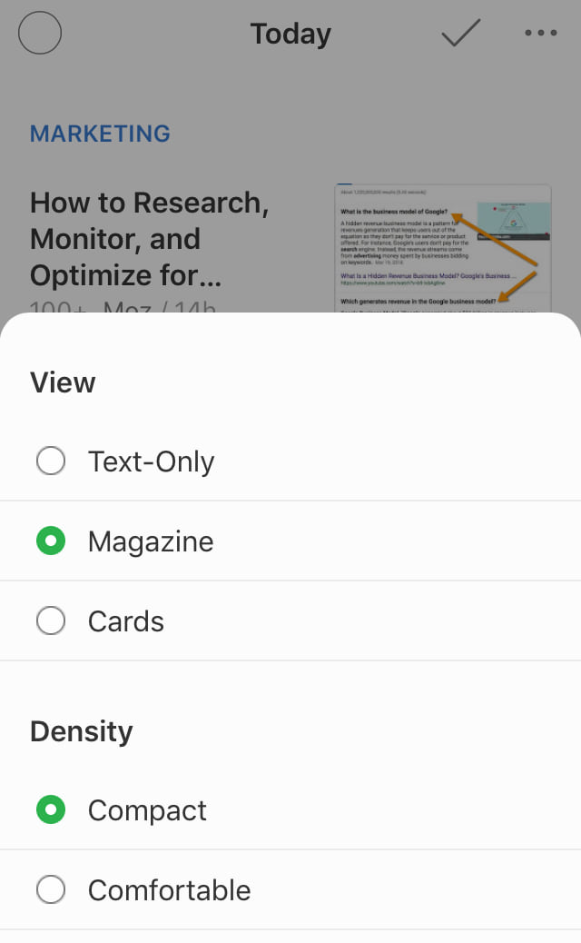 Feedly app's customizable viewing options. 