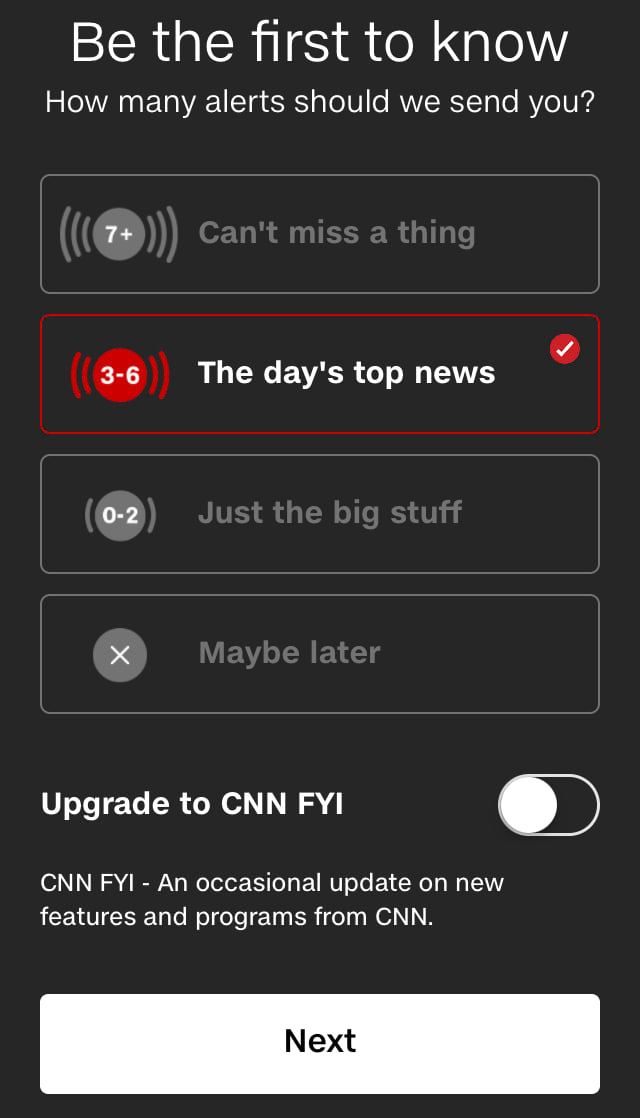 CNN lets users customize how frequently they receive push notifications. 
