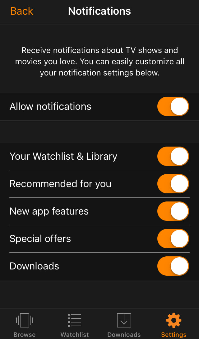 Prime Video's robust user push notification settings. 