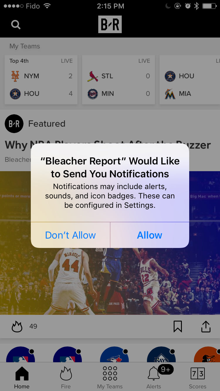 push notification engagement _ Bleacher Report Example