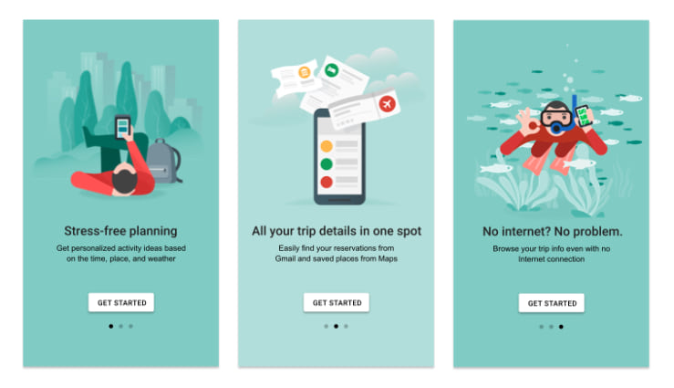 three different icons: a man looking at his cell phone, a cell phone and a man in scuba gear all images say “get started” underneath the images