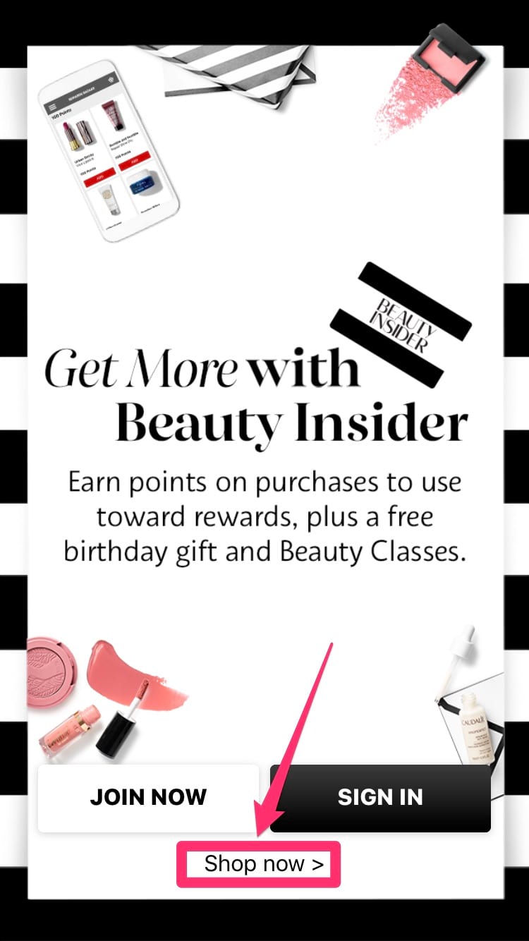 white background with a black dash mark border with makeup images and a “shop now” sign