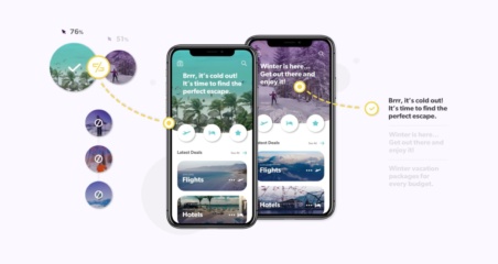 two cell phones displaying travel app platforms
