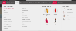 drop down display of a website’s “shop by product” menu