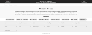 website display of a women’s dress ordering menu 